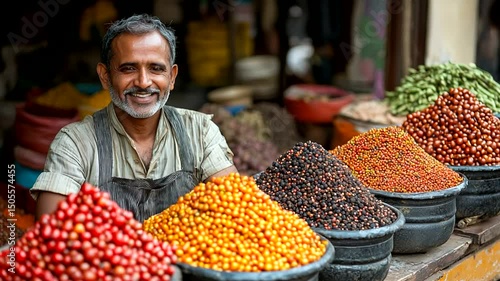 Market vendor with colorful spice piles