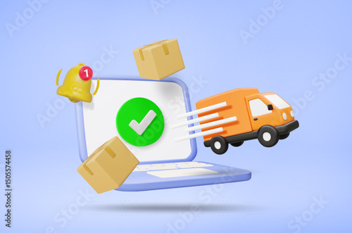 3D illustration vector render of truck coming out of laptop or notebook screen with parcel box and number 1 notification bell icon. Fast Online Delivery Alert concept, E-commerce service.