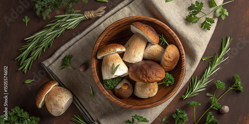 Fresh forest mushrooms /Boletus edulis (king bolete) / penny bun / cep / porcini / mushroom in an old bowl / plate and rosemary parsley herbs on the wooden dark brown table, top view background banner