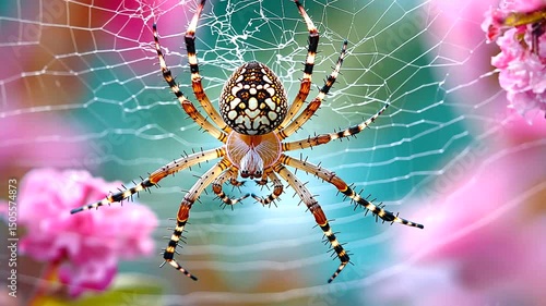 Colorful Spider in a Delicate Web Among Flowers