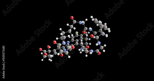 Deruxtecan molecule, rotating 3D model of topoisomerase i inhibitor, looped video on a black background