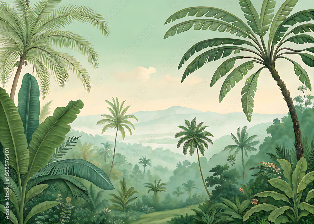 Fototapeta premium Serene Tropical Landscape with Lush Foliage