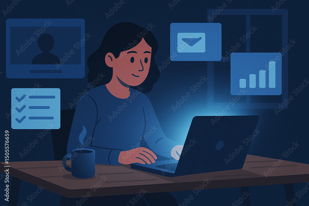 Woman Working Late Night with Laptop and Data Visualization Woman Working Late Night with Laptop and Data Visualization