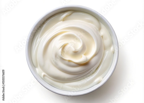 Overhead shot of a bowl full of smooth, creamy white dairy product
