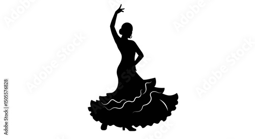 Female silhouette in flamenco dress dances against a white background, with copy space