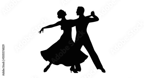 Couple dancing in silhouette on white, for dance studio promotions, with copy space