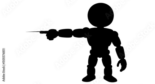 Silhouette of an android pointing a thin needle, isolated on white, with copy space