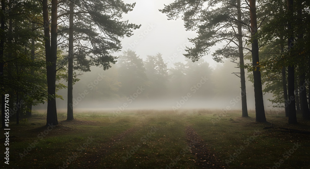 Naklejka premium Misty Forest Path Through a Dense Canopy