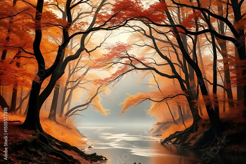 mystical autumn forest, vibrant with orange, crimson, and gold, stretches along a peaceful river, Generative AI