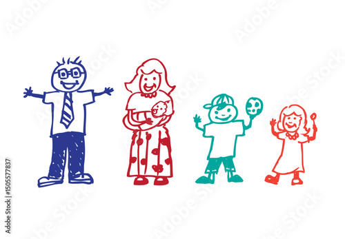 A doodle artwork of a joyful family. Reversed on a blue background. Editable Clip Art.