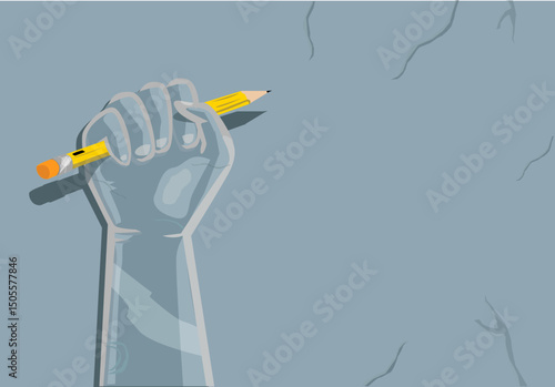 Fist on Air with Pencil with empty space on gray background. Editable Clip Art.