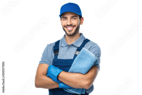 Portrait of a smiling window cleaner worker ready for his next job