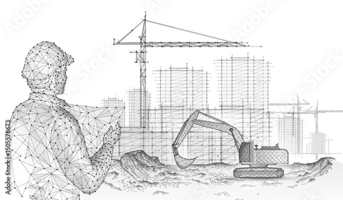 Digital construction site sketch with excavator. Building 3D Printing, Building Information Modeling