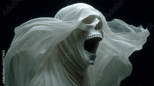 Terrifying Ghost Scream – Dark Horror Spirit in Flowing Fabric on Black Background
