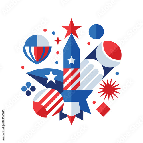 Abstract geometric illustration celebrating american patriotism featuring stars stripes and patriotic colors on white background
