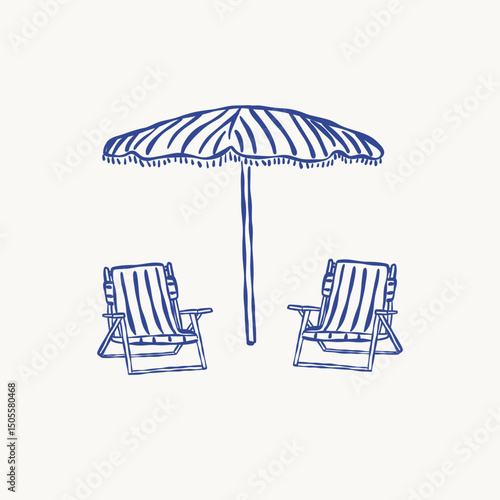 Illustration of two beach chairs and a striped umbrella. Summer vacation concept in a minimalist line art style. Hand drawn vector illustration.