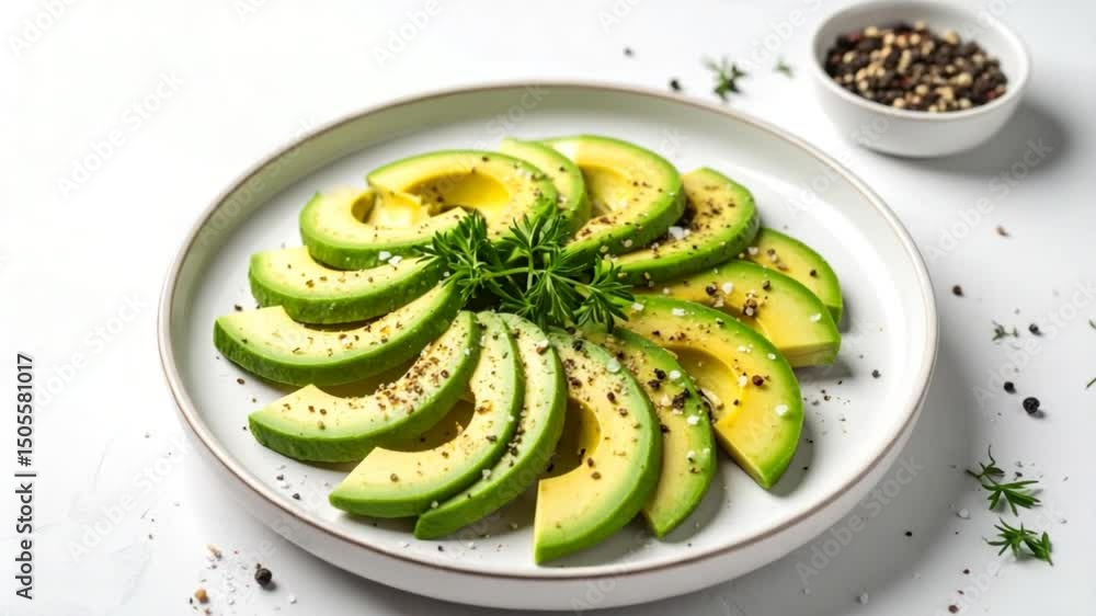 Neatly sliced avocado arranged on white plate Neatly sliced avocado arranged on white plate