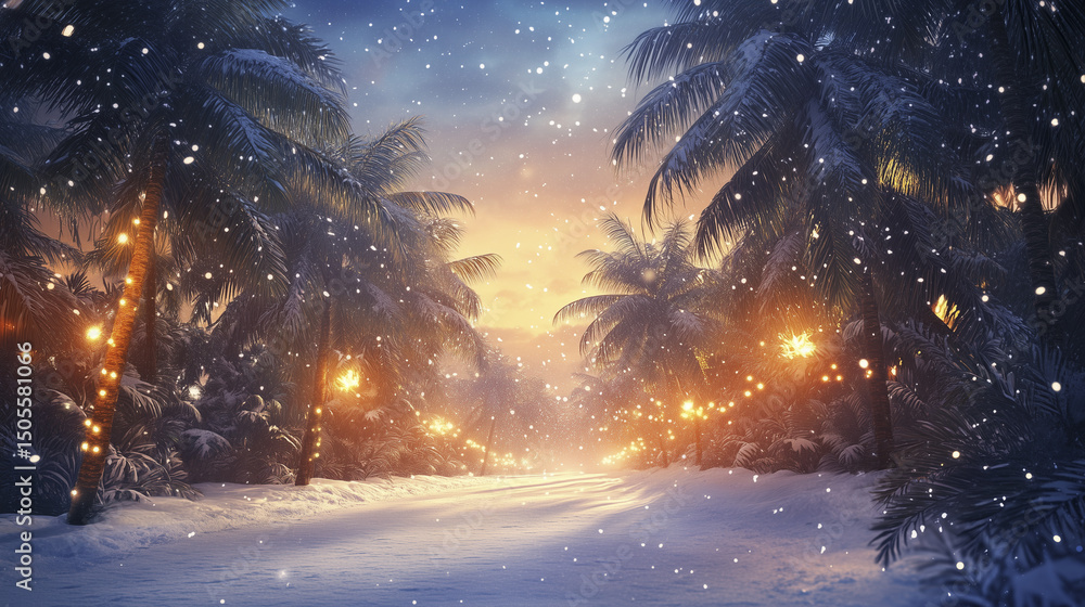 Obraz premium A snowy path surrounded by palm trees, illuminated by lights, with snowflakes falling in the evening light.