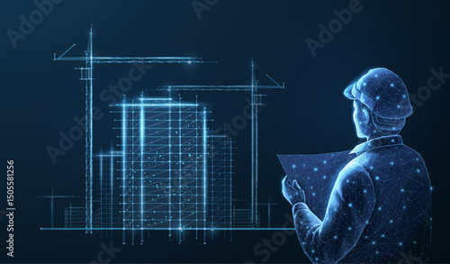 Digital construction site sketch with excavator. Building 3D Printing, Building Information Modeling