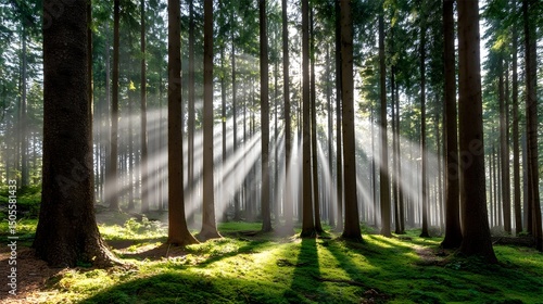 Fototapeta Naklejka Na Ścianę i Meble -  Enchanted forest with sunbeams shining through the trees