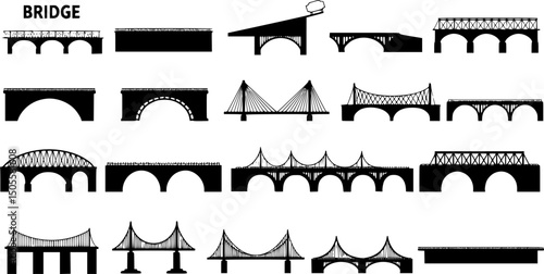 Bridges silhouette perspective vector icon set, bridges constructions, Isolated silhouette bridges icon set