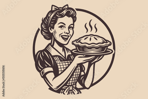 Woman pie bakery vintage logo emblem print vector