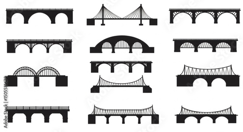 Bridges silhouette perspective vector icon set, bridges constructions, Isolated silhouette bridges icon set