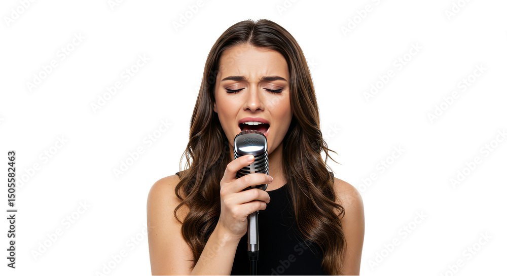 Photo Of A Brunette Woman Singing Into A Microphone With Mouth Open Isolated Photo Of A Brunette Woman Singing Into A Microphone With Mouth Open Isolated
