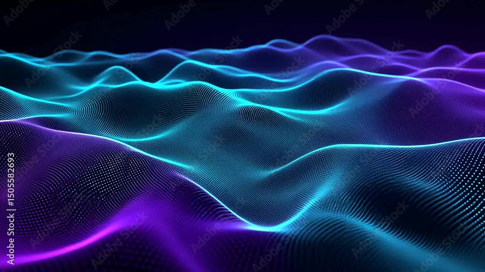 Digital wave landscape rendering, luminous peaks ripple in cyan and purple gradients against a dark backdrop, data visualization concept Digital wave landscape rendering, luminous peaks ripple in cyan and purple gradients against a dark backdrop, data visualization concept