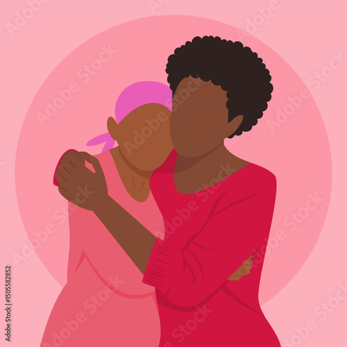 A black woman hugging her mother who has cancer in support isolated on a pink background. Senior African American patient receiving love and care from her daughter for treatment at an oncology clinic