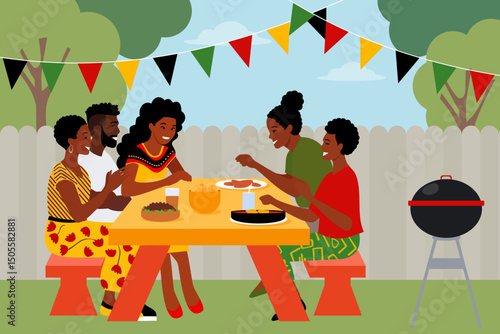 Group of happy African American friends having a backyard barbecue for a Juneteenth celebration. Young black people enjoying food, drinks and conversation during a cookout on a summer day in a garden
