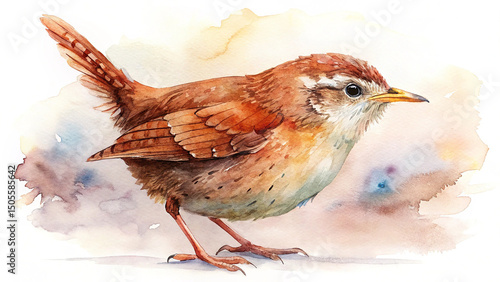 wren tiny songbird watercolor artwork on white background