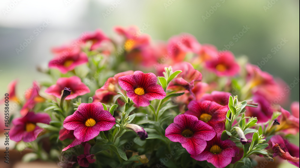 Fototapeta premium Vibrant red Calibrachoa blooms in focus, soft green backdrop. Nature's delicate beauty in a single frame.