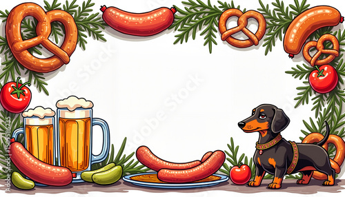 Dachshund in leather pants grilling sausages surrounded by sausages, pretzels, pickles, and mugs forming a hearty German frame of cuisine copy space
