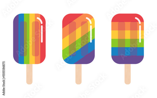 Colorful ice cream, popsicle stick in Pride month concept isolated on white background.Unconditional love, marriage equality symbol.Vector graphic illustration.