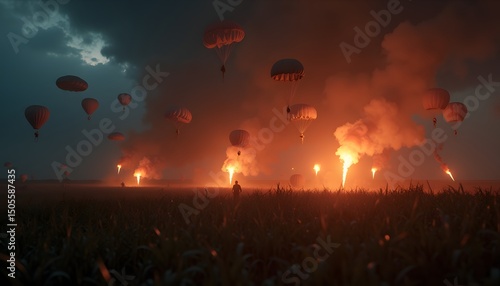Paratroopers descending in fiery battlefield
