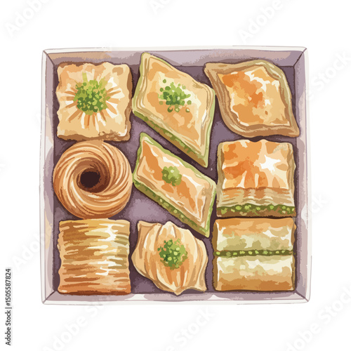 Box of Assorted Baklavas Isolated on Transparent Background – Watercolour Illustration