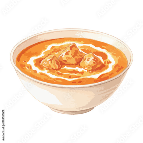 Bowl of butter chicken with cream Isolated on Transparent Background – Watercolour Illustration