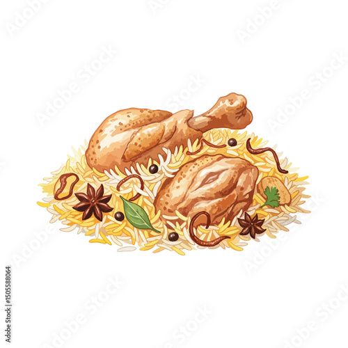 Only chicken biryani without any plate Isolated on Transparent Background – Watercolour Illustration