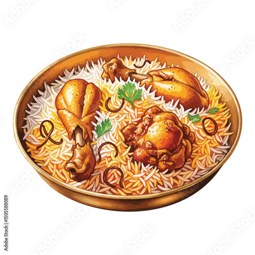 Chicken Dum biryani in a brass plate Isolated on Transparent Background – Watercolour Illustration