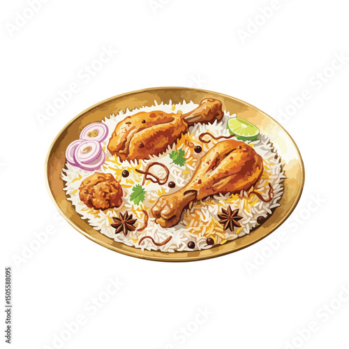 Chicken Dum biryani, Hyderabad biryani, Isolated on Transparent Background – Watercolour Illustration