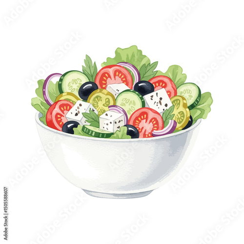 Greek salad Isolated on Transparent Background – Watercolour Illustration