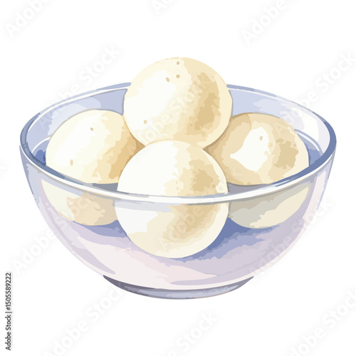 Bowl of Rasgulla Isolated on Transparent Background – Watercolour Illustration