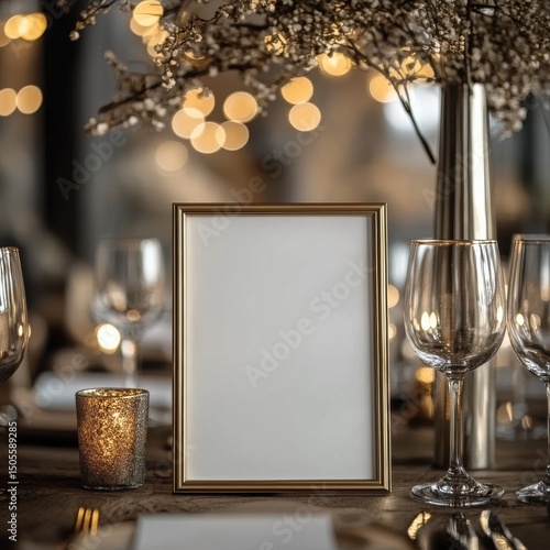 Empty table sign with gold vase with blush roses, Table sign mockup, Wedding sign, Table number
