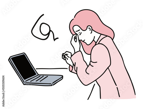 眼精疲労でストレスを感じている女性のイラスト(疲れ 悩む 困る ぐったり ベクター 編集可能 シンプル)	