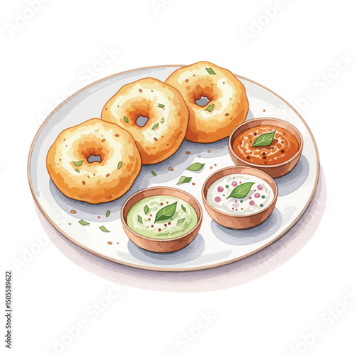 Plate of Vada with Chutney Isolated on Transparent Background – Watercolour Illustration