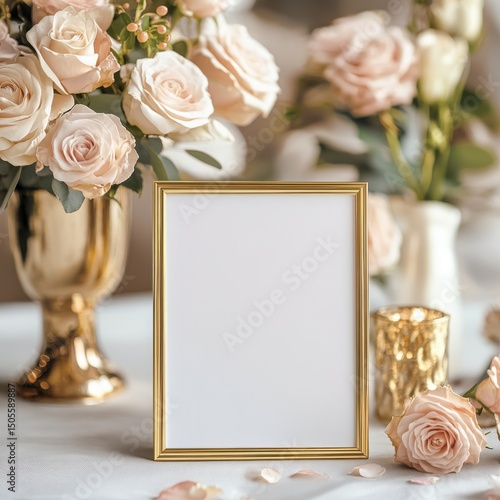 Empty table sign with gold vase with blush roses, Table sign mockup, Wedding sign, Table number