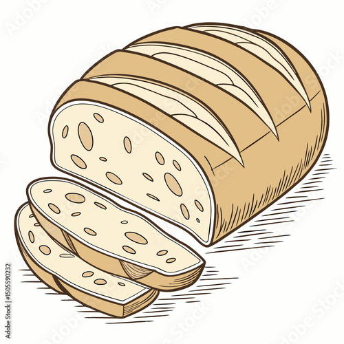 Realistic vector artwork of sourdough bread, showcasing its crusty texture and artisan appeal—perfect for bakery, culinary, and food-themed digital projects.