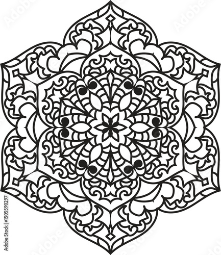 Ornate Black Outline Mandala for Zen Art, Relaxation, and Detailed Coloring Pages