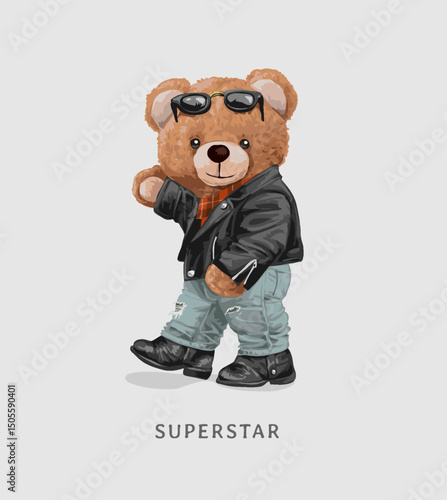 superstar slogan with cute brown bear doll in leather jacket vector illustration created by hand drawn
